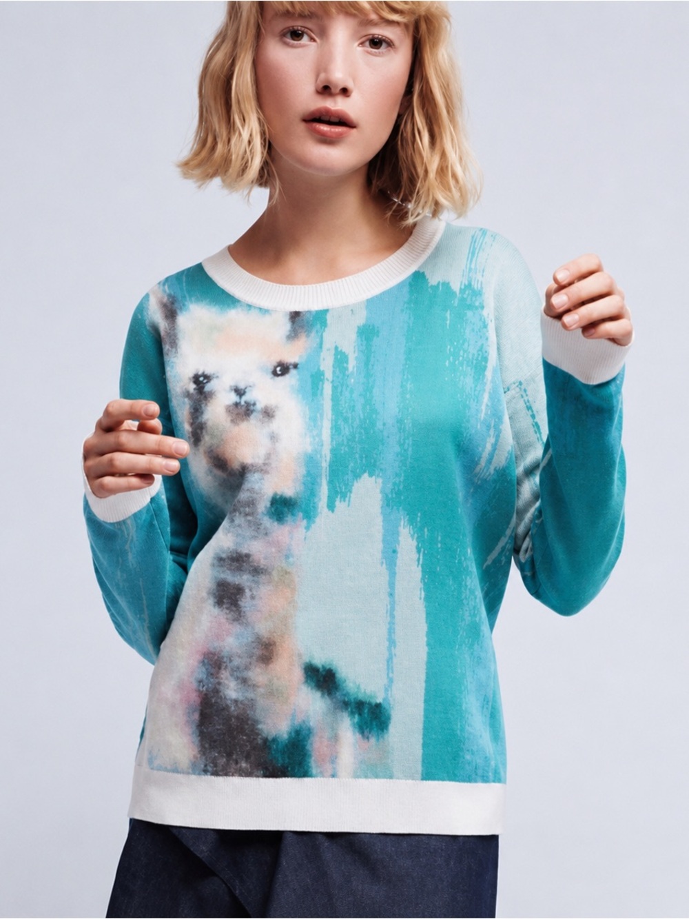 Anthropologie Teal & White Crewneck Sweater with Abstract Llama Print
